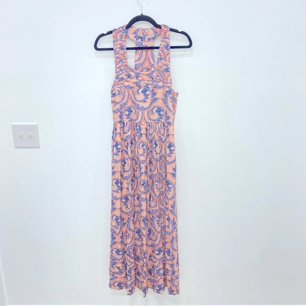 Tuckernuck Peach Maxi Dress with Blue Paisley Print